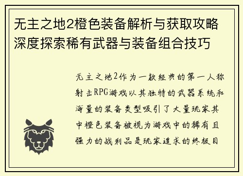 无主之地2橙色装备解析与获取攻略 深度探索稀有武器与装备组合技巧