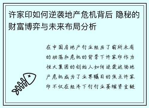 许家印如何逆袭地产危机背后 隐秘的财富博弈与未来布局分析 许家印如何逆袭地产危机背后 隐秘的财富博弈与未来布局分析